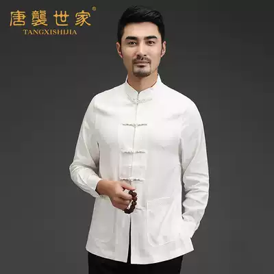 Tang suit male middle-aged and elderly long-sleeved summer shirt Chinese stand collar buckle embroidered top Chinese style casual tunic suit