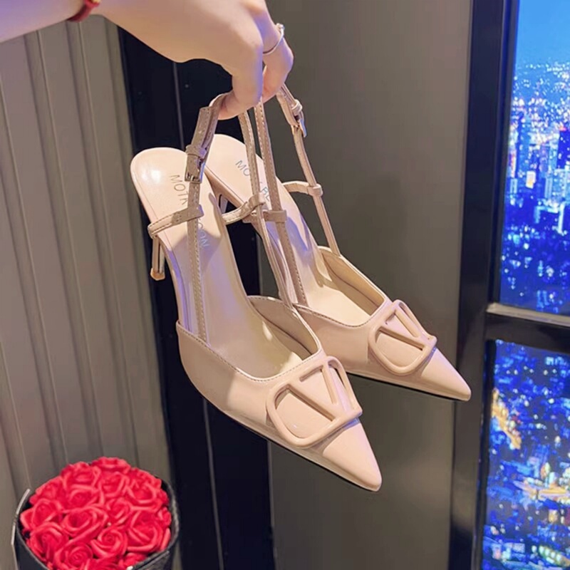 Open-Toe Square Buckle Nude Pink Sandals for Women, 2026 New French Style Summer Pointed-Toe High-Heeled Slingback Stiletto Shoes