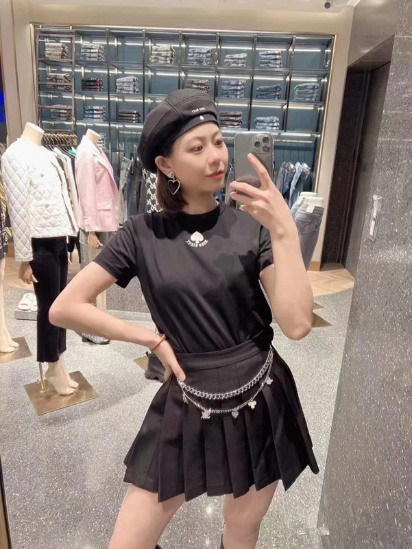 Yuan ~ Alice in Wonderland Series Round Neck Peach Heart Embroider Pure Cotton Short-Sleeved T-Shirt Top for Women Summer