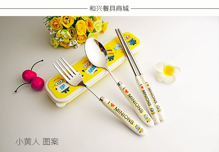Em bé dễ thương inox muỗng nĩa đũa đặt học sinh Hàn Quốc người đàn ông nhỏ màu vàng cầm tay hộp dao kéo ba mảnh