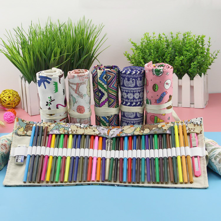 Handmade Canvas Pen Curtain Creative Pattern 36 48 72 Holes Optional Color Pencil Brush Stationery Storage Pencil Bag