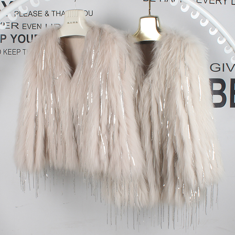 Raccoon Fur Trim Tassel Fur Coat for Women, Short Style, 2026 Autumn and Winter New Haining Sequin Mid-Length Coat