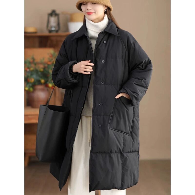 Artistic Long White Duck down Coat for Women, Winter 2025 New Style, Loose Casual Plus-Size Thick Warm Jacket