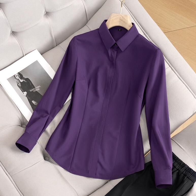 Dark Purple Professional Shirt for Women, Long-Sleeved, Spring and Autumn, Thin, Elegant, Slim-Fit Workwear, Hidden Placket, Modal Base Shirt
