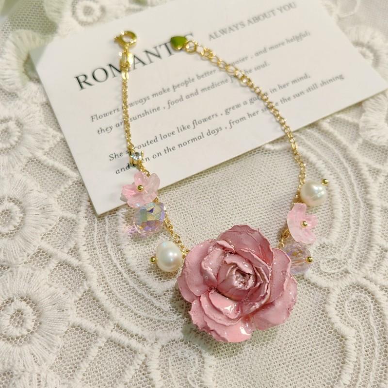 Handmade Original Natural Rose Flower Bracelet with Resin Real Flower Rose Pendant, New Handcrafted Jewelry