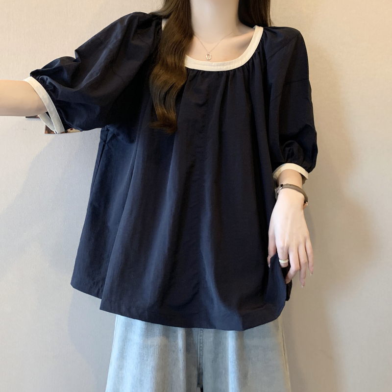 Plus-Size Loose-Fitting Shirt That Covers the Belly with Contrasting Color Puff Sleeves for Women, Summer Style for Chubby Girls, Stylish Babydoll Shirt That Makes You Look Younger and Versatile