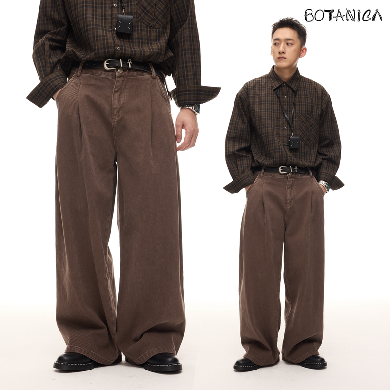 Botanica American New Vintage Retro Style Coffee Brown Casual Pants Wide-Leg Straight Pleated Jeans
