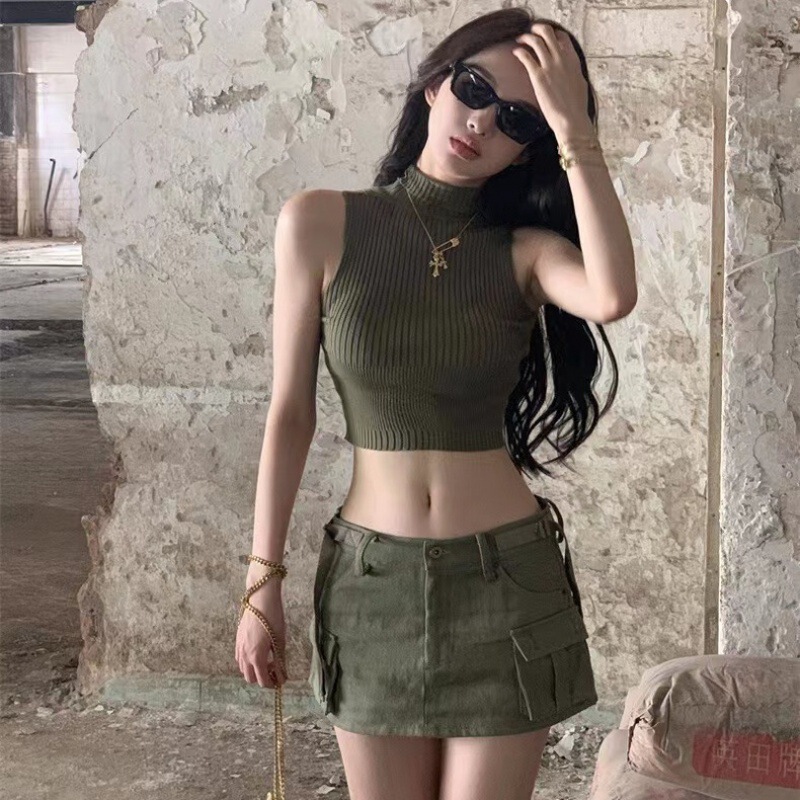 European and American Style Fresh Sweet Spicy Tank Top with Half-High Collar, Short Fit, Spring and Summer Slim Fit, Exposed Navel Knitwear