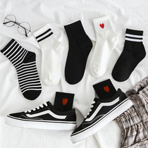 Socks womens stockings spring and autumn cotton ins tide black white solid color stripes stockings mens autumn and winter wild Net Red