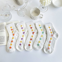 White socks womens mid-tube socks spring and summer thin cotton ins tide cute Japanese small flower net red stockings spring and autumn