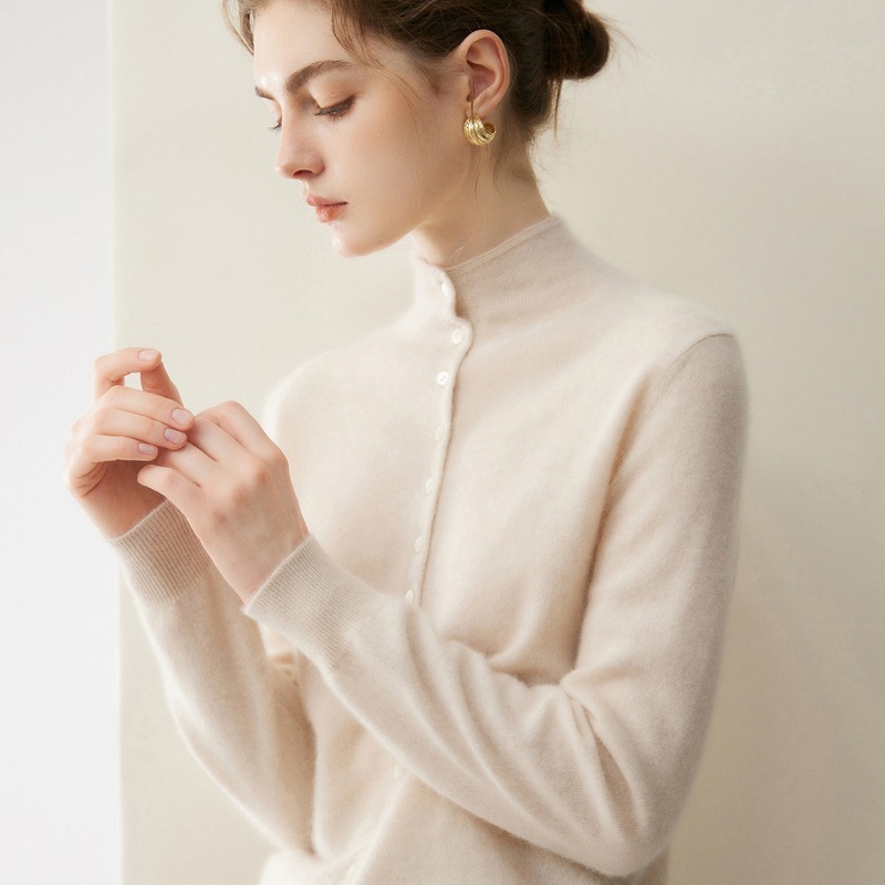 Que Fei~100% Pure Cashmere Knitted Cardigan for Women, Half Turtleneck, Autumn and Winter, Gentle and Elegant Knitted Sweater Jacket