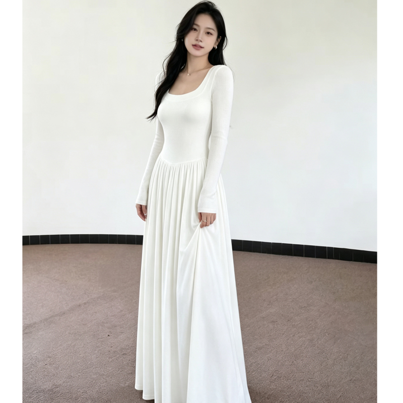 Pure White U-Neck Long-Sleeve Dress for Women, Slim Fit, Pleated, Long Modal Dress with a Gentle Vibe Pure White U-Neck Long-Sleeve Dress for Women, Slim Fit, Pleated, Long Modal Dress with a Gentle Vibe