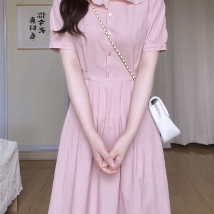 Petite French-Style Gentle Pink Button-Down Dress for Women, New Summer Model with Ruffle Collar, Waist-Cinching, Slimming Mid-Length Dress Petite French-Style Gentle Pink Button-Down Dress for Women, New Summer Model with Ruffle Collar, Waist-Cinching, Slimming Mid-Length Dress
