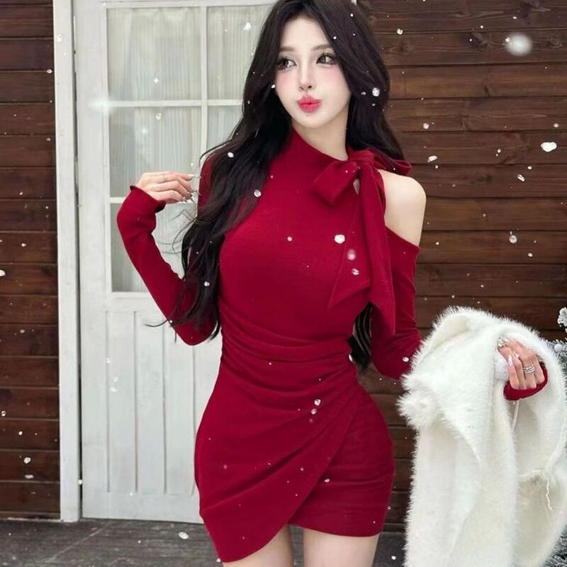 Bowknot Pure Desire Sexy Off-Shoulder Long-Sleeve Red Dress for Women, New Autumn and Winter Slim-Fit Bodycon Short Dress