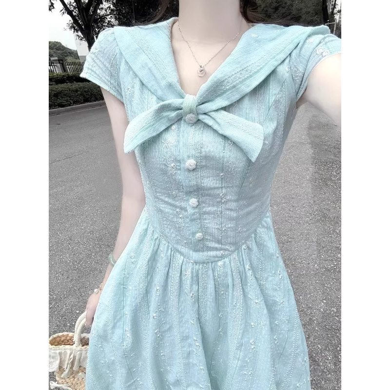 Fresh and Simple Blue Sailor Collar Short-Sleeved Dress for Women, Stunning and High-End A-Line Long Dress with a Cinched Waist for the Summer of 2026 Fresh and Simple Blue Sailor Collar Short-Sleeved Dress for Women, Stunning and High-End A-Line Long Dress with a Cinched Waist for the Summer of 2026