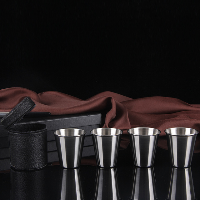 Outdoor Portable Camping Stainless Steel Wine Cup 70ml Four Water Cups with Leather Case Picnic Kung Fu Coffee Cup