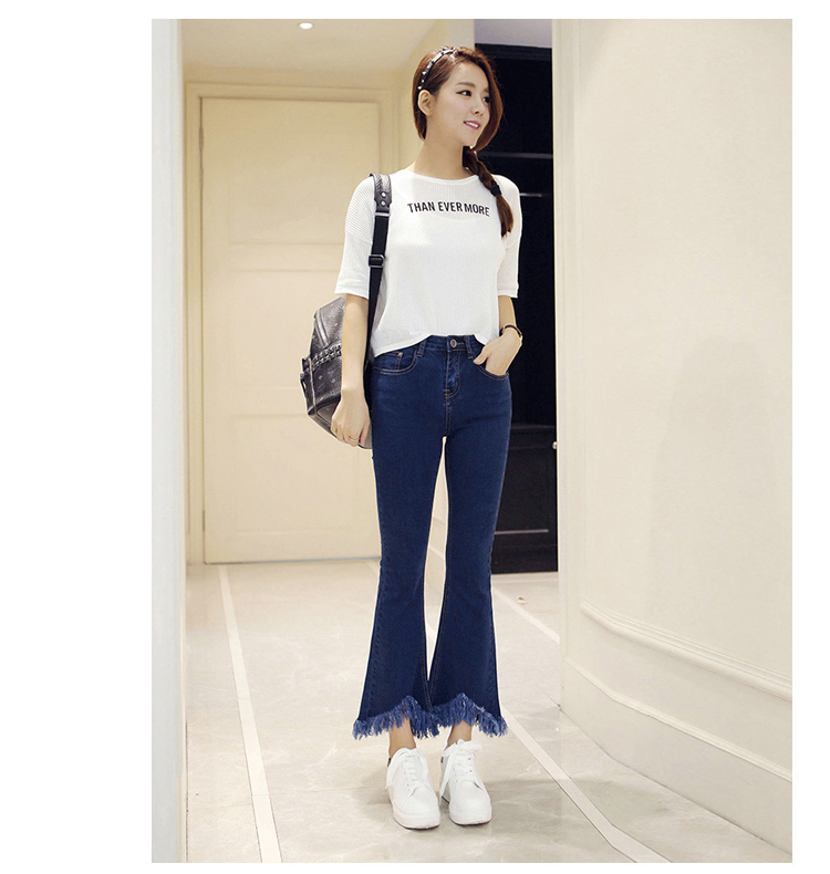 Mùa hè và mùa thu Hàn Quốc cá tính mới eo cao micro-ra jeans nữ sinh viên tua rua viền rộng ống quần ống loe quần baggy jean nữ