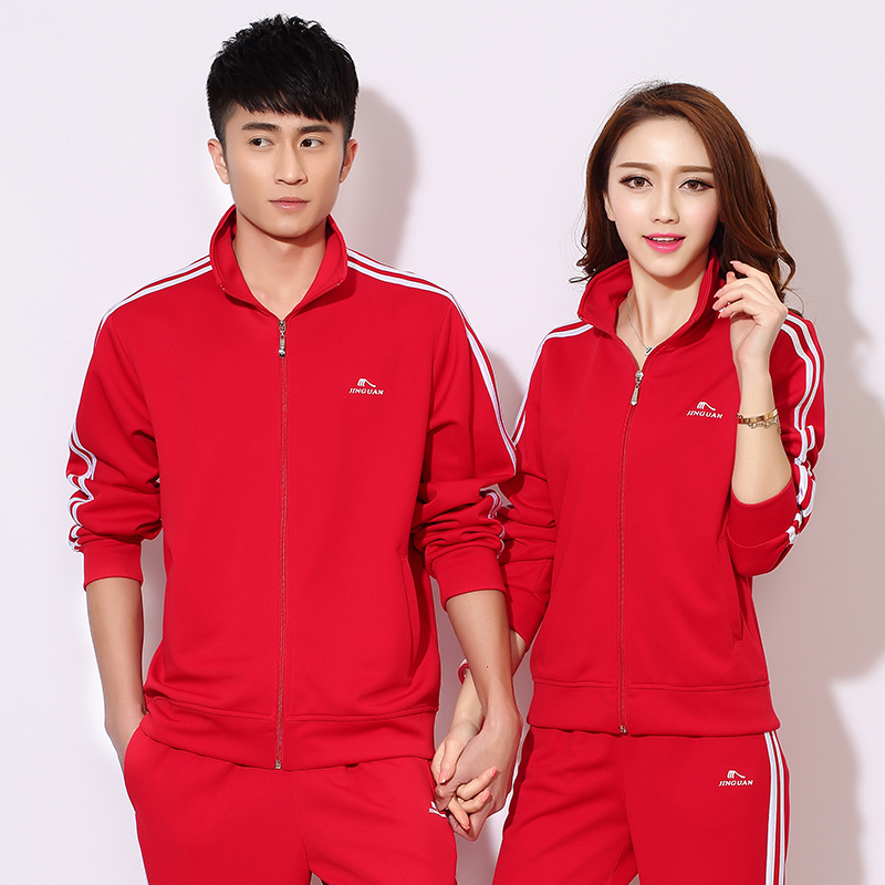 New spring and autumn large size couple sports suit men's and women's red sportswear men's casual thick cotton sports clothes group purchase