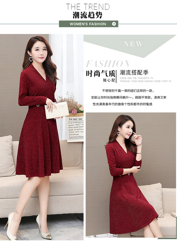 Đầm xòe nữ trung niên 2018 mới ra mắt váy dài tay nữ trong đoạn dài thu đông ngoại y váy đầm thời trang khí chất