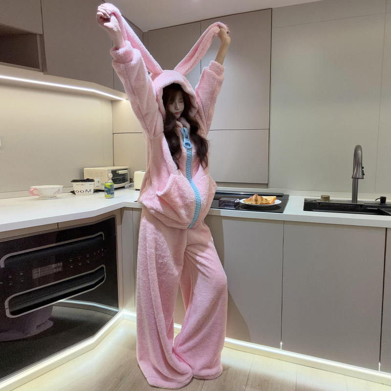 Dopamine Large Zipper Pajamas for Women, Winter Coral Fleece Thickened Solid Color High-End Big-Eared Rabbit Loungewear Set Dopamine Large Zipper Pajamas for Women, Winter Coral Fleece Thickened Solid Color High-End Big-Eared Rabbit Loungewear Set