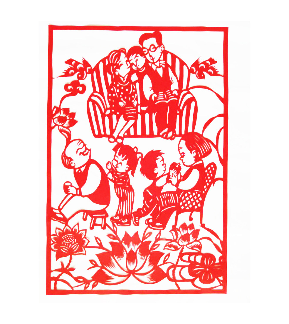 Harmonious family family style respect the elderly love young paper cut sticker pure hand-engraved paper double sided red rice paper large size filial piety