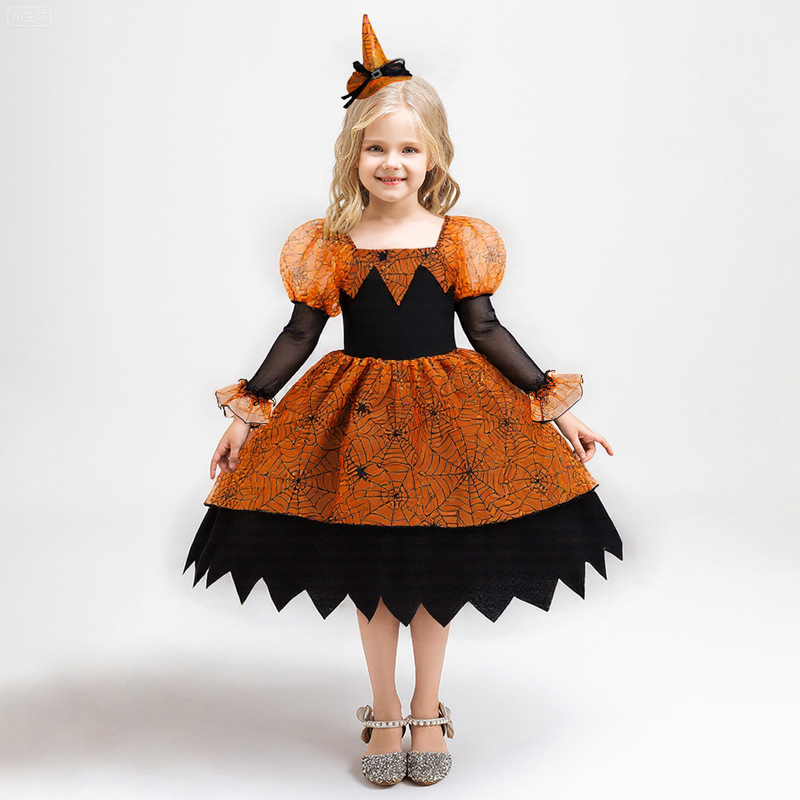 Autumn Girls' Halloween Performance Costume Cosplay Long-Sleeved Character Costume Spider Pumpkin Dress Performance
