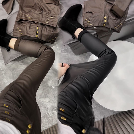 Women's high-waist coated plus fleece nine-point plus fleece brushed leather pants