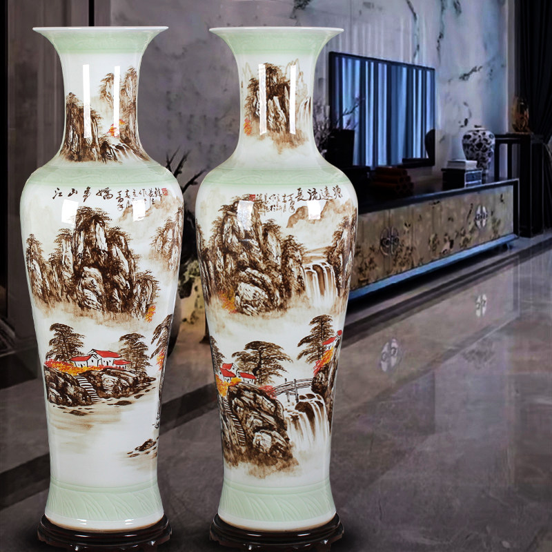 Jingdezhen ceramic floor large vase upscale hand-painted landscape opening Qiao relocating living room New room hotel Decoration Pendulum