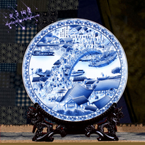 Ceramic blue and white pendulum Twelve nobile Qingming Shanghe Tujia study countertop craft high-end handmade ornaments