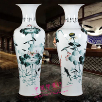 Jingdezhen ceramic vase hand-painted blue and white glaze colorful lotus white 1 meter floor-to-ceiling living room large new house decoration