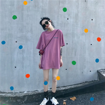  Purple short-sleeved t-shirt womens loose Han fan 2021 new ins super fire mid-length round neck cotton large version t-shirt tide