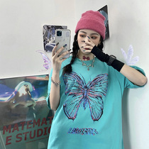  2021 dark black butterfly short-sleeved t-shirt womens Korean version of loose Western style mid-length round neck cotton large version T-shirt tide