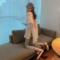  Half-sleeved t-shirt loose Korean western style all-match thin front short back long round neck simple cotton split high street sweater