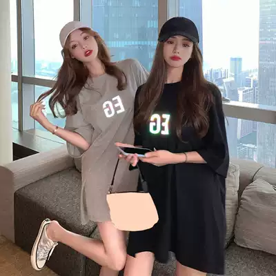 European station large size short-sleeved t-shirt women's loose Korean version of the Western style medium and long version of the round neck cotton thin all-match T-shirt top