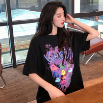  Black short-sleeved t-shirt womens loose Korean Western style 2021 new mid-length round neck pure cotton printing large version t-shirt