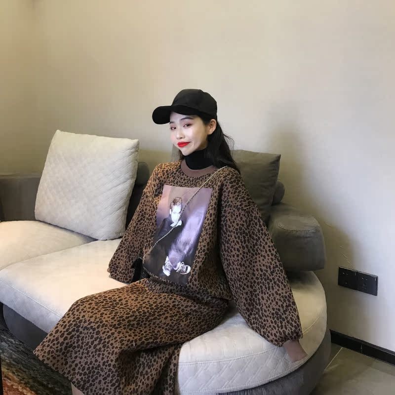 VK旗艦店 韓系時尚復古性感豹紋套裝長袖裙裝