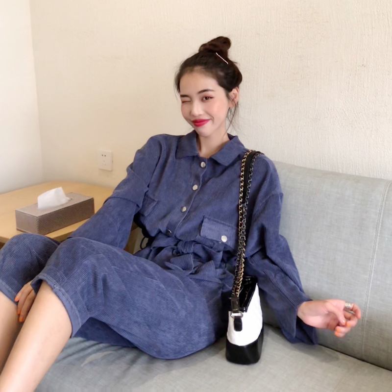 VK旗艦店 韓系高腰復古顯瘦燈芯絨綁帶單品連身褲