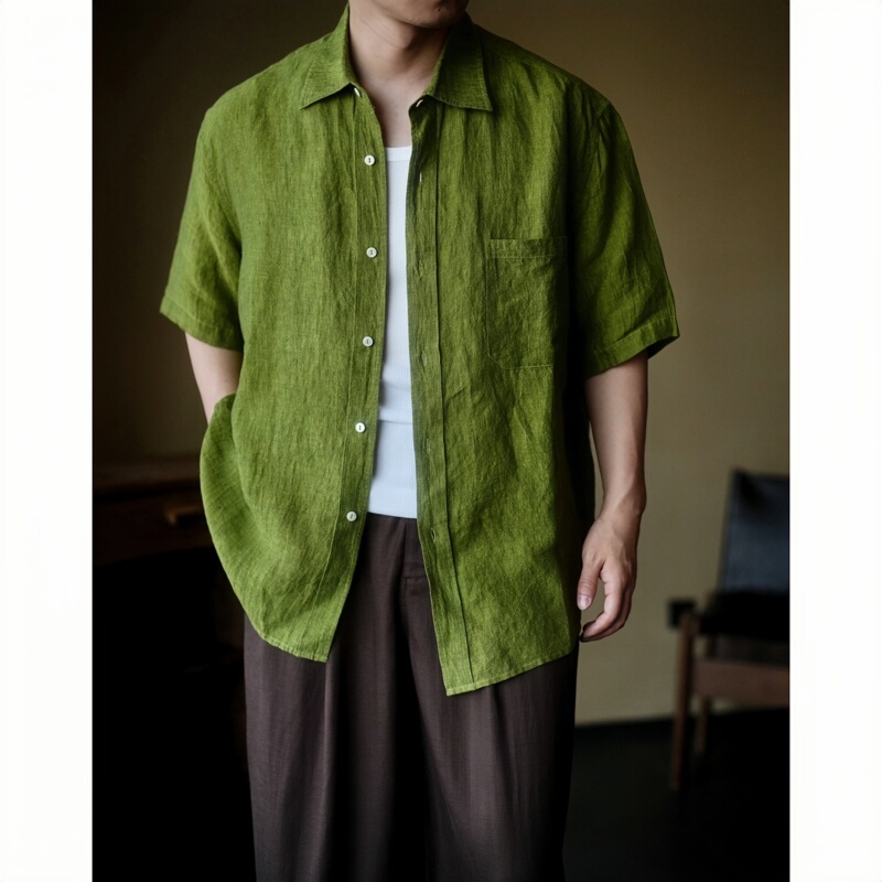 Waterever "Firefly" Green High-End Glossy Yarn-Dyed Hemp Linen Breathable Short-Sleeved Shirt Waterever "Firefly" Green High-End Glossy Yarn-Dyed Hemp Linen Breathable Short-Sleeved Shirt