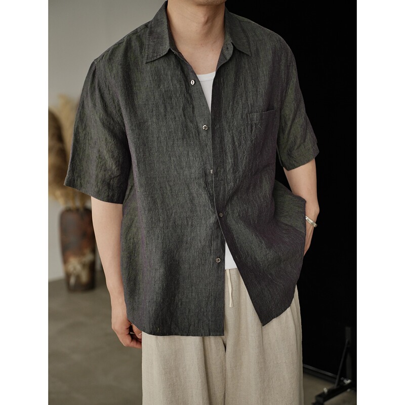 Waterever "Cangshan" Dark Green-Purple Pure Linen Yarn-Dyed Short-Sleeved Shirt, Fresh and Breathable Sun Protection Shirt