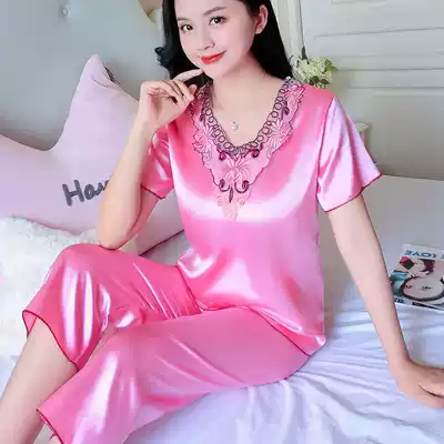 Summer pajamas women's two-piece short-sleeved new silk sexy suit women's large size ice silk three-point pants home clothes