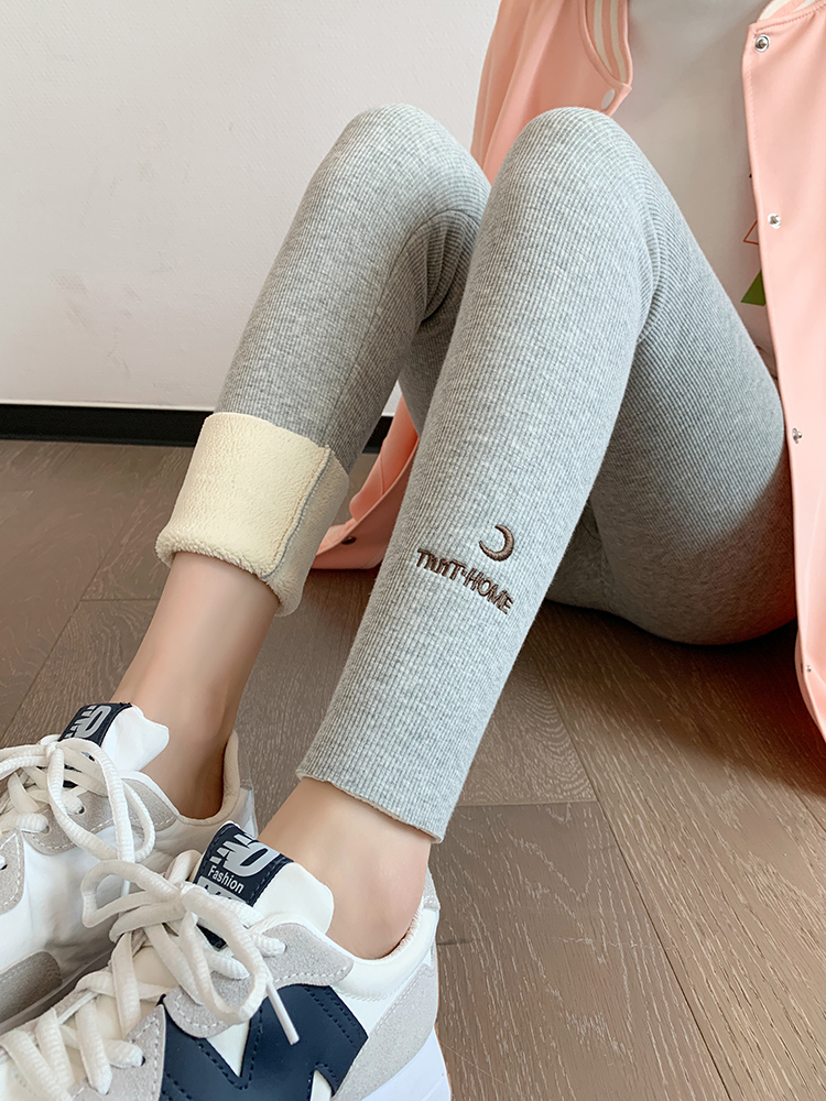 Spring, autumn and winter warm plus velvet threaded inner pants women wear cotton pants gray sanitary pants thick wool pantyhose inside and outside