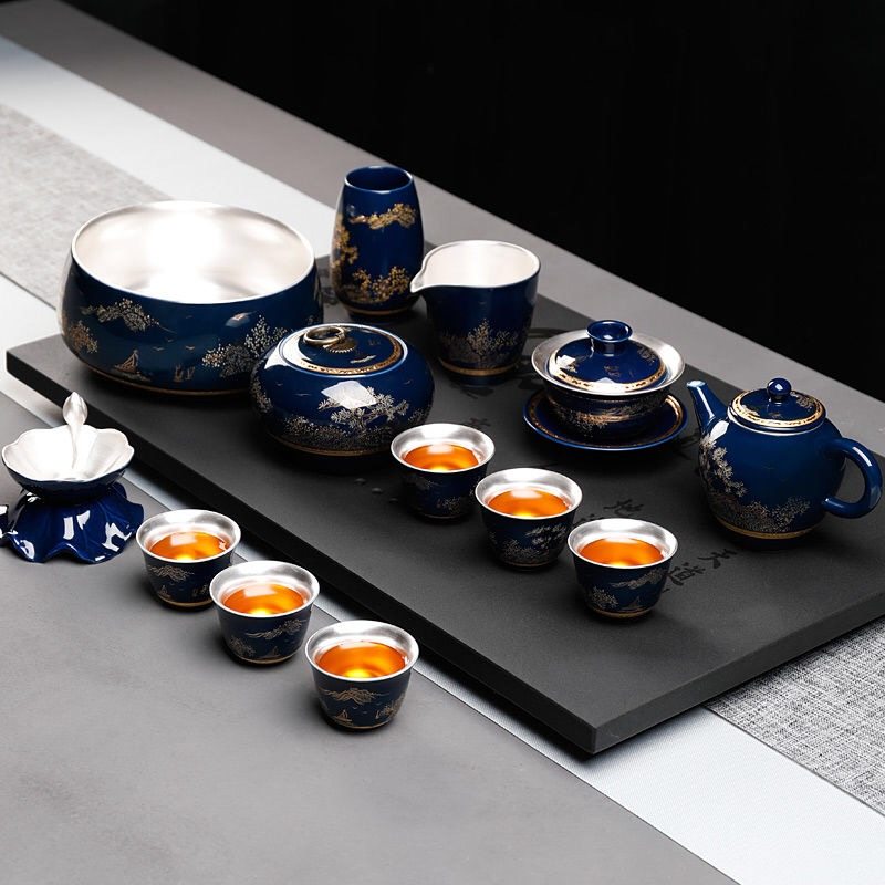 silver tea set, enamel, gilt silver tea set, 999 silver handmade household silver teapot, silver lid bowl set 