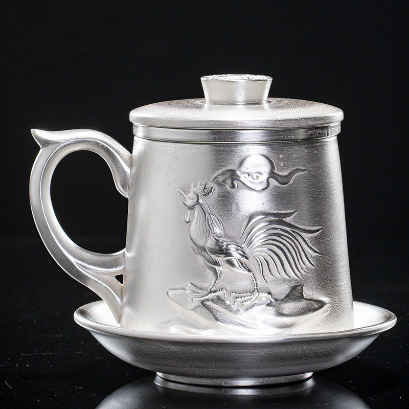 Personal office cup 999 sterling silver purple sand gilt silver twelve zodiac tea separation cup mark cover cup health cup