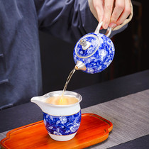 High-grade silver teapot 999 sterling silver handmade gilded silver Jingdezhen blue and white tea cup fair cup high-grade bubble tea set retro