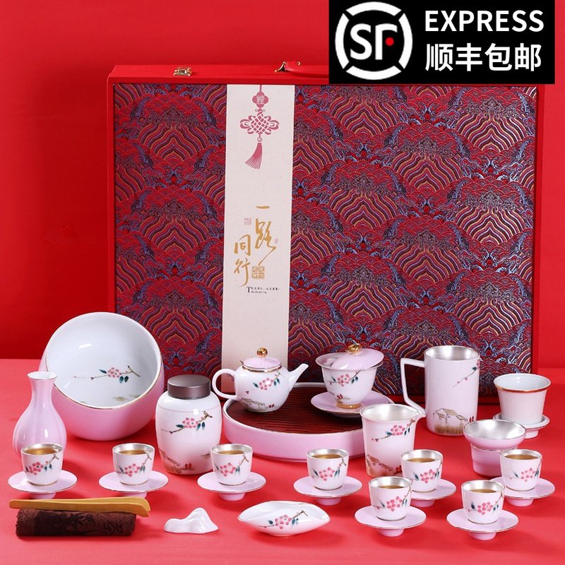 Silver tea set set 999 sterling silver liner Women's high-grade handmade hand-painted Kung Fu tea pot cover bowl gift Chinese style
