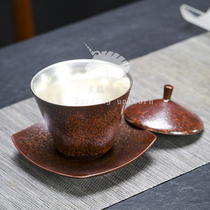 Handmade silver lid bowl 999 sterling silver gilt silver wood fired vintage kiln change tea bowl kung fu health tea set sancai bowl lid cup