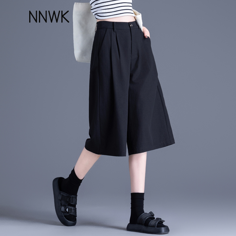 Black Cotton and Linen Pants for Women, Summer Thin Style, 2026 New Model, Cropped Pants, Casual Suit Pants, Wide-Leg Pants, Six-Point Pants