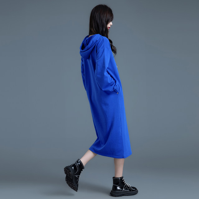 Klein blue dress women's 2024 new spring and autumn hooded blue dress long dress sweatshirt dress mid-length