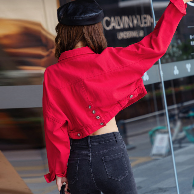 Red ladies short denim jacket women's 2022 new spring and autumn all-match denim tops small women's clothing