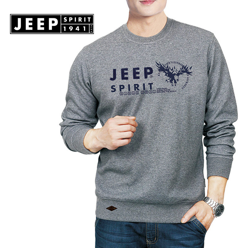 JEEP/吉普长袖T恤男纯棉圆领中年打底衫大码厚卫衣单穿上衣春秋季